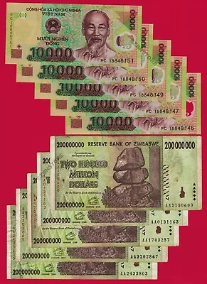 5 X 200 Million Dollars Zimbabwe AA 2008 + 5 X 10000 Vietnam Dong VND Banknotes • $23.99