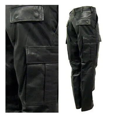 Mens Cargo Pants Genuine Black Cow Leather 6 Pockets Jeans Trouser • $109.99