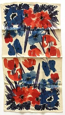 Vintage Vera Neumann Linen Kitchen Tea Towel Blue Red Flowers Butterflies • $48