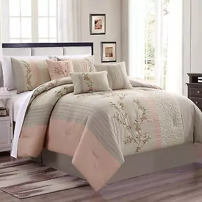 Chezmoi Collection Linnea 7-Piece Cherry Blossom Floral Embroidery Comforter Set • $96.99