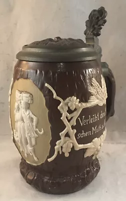 Antique Mettlach Villeroy & Boch Pottery Lidded Stein 1028 Half Litre Brown • $84.96