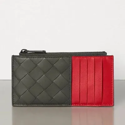 NWT $520 Bottega Veneta Leather Slim Wallet Intreccio Weave Graphite Red 591379 • $275.99