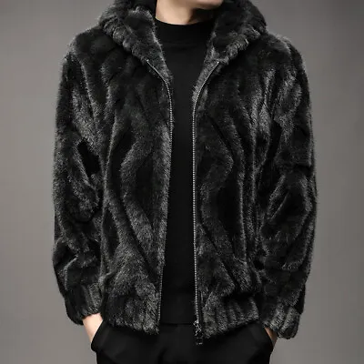 Mink Fur Coat Mens Mink Coat Winter Hooded Loose Plush Jacket Warm Overcoats 3XL • $299.40