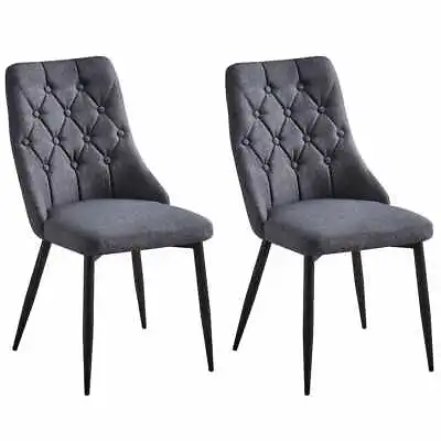 Set Of 2 Folk Fabric Linen Dining Chairs With Buttons And  Metal Black Legs • £89.99