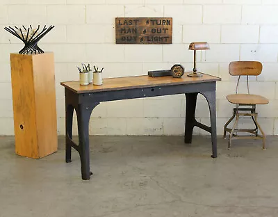 Vtg Antique Industrial 56  Console Table Desk Brass Wood Cast Iron Legs 1910s • $1399