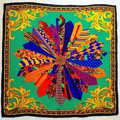 GIANNI VERSACE Green Silk Scarf The Happy Tie Print Size 34  From 1991 • £467.42