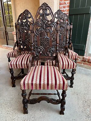 Set 6 Antique French Dining Chairs Renaissance Revival Tall Open Carved Oak SIX • $4100