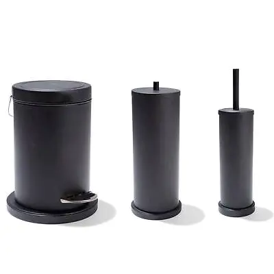 3pce Black Bathroom Accessories Set Rubbish Bin Toilet Brush Toilet Roll Holder • $24.99