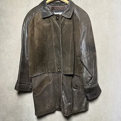 Vintage 80’s Leather Jacket Di Capra Soft Blazer Duster Cowboy Buttons Flaps VTG • $50.62