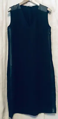 VINCE WOMEN SHIFT DRESS SIZE 6 LEATHER TRIM V NECK Black Sleeveless • $29.99