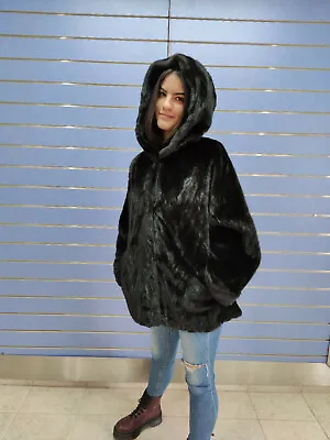 Natural Genuine Black Mink Fur Cape - Ponco With Hood Real Mink Coat  • $900