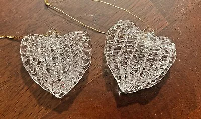 Vintage Christmas Crystal Ornament~BLOWN GLASS HEART~Hand Spun - Set Of 2 • $7.99