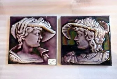 Pair Antique American Encaustic Tile Co Majolica Relief Portrait Fireplace Tiles • $250