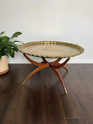 Vintage MCM Wood  Spider Leg Coffee Table Brass Feet 30  Diameter Brass Tray Top • $350