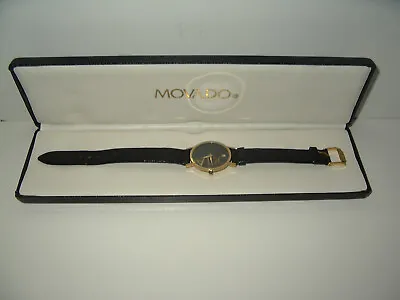 Vintage MOVADO Swiss Museum Black Face Gold Trim Men's Unisex Quartz Watch • $203.55