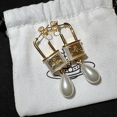 Vivienne Westwood Orb BAS Saturn Padlock Pearls Drop Earrings Gold Tone #012 • $77