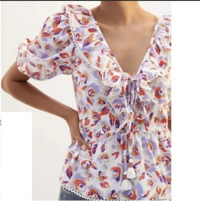 £43.67 • Buy Anthropologie Peasant Top L Short Balloon Sleeves Lilac Ivory Tie Front Ruffled