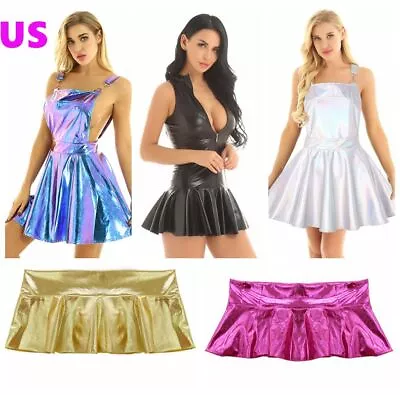 US Women Shiny Metallic PU Leather Dress With Thongs Flare Skirt Dance Clubwear • $15.83