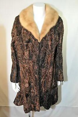  Vintage Mouton Lamb Size 14 Swing Coat Mink Collar Fur Women Brown  • $199.95