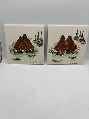 Art Tile Pair Vintage 1970’s Mushroom Trees From England Signed Crittenden 6x6” • $24.99