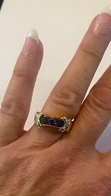 R .925 Gold Toned 1.05 Cts Created Sapphire & .01 Cts Diamond Ring Sz 9 • $21