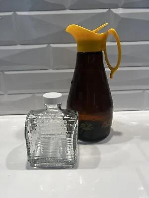 Vintage LOG CABIN Syrup Pitcher Amber Glass Bottle W/Yellow Eagle & Cabin Bottle • $18