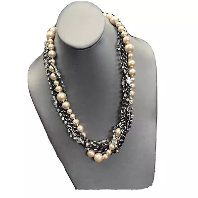 Vintage Necklace Sign J.Crew Cream Pearl Rhinestone Black Chain Twisted 20” • $29.50