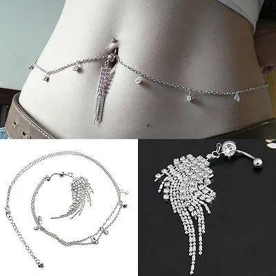 $0.99 • Buy Crystal Tassel Navel Belly Button Ring With Waist Chain Body Piercing LadJ4