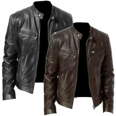 Mens Retro Leather Jacket Motorcycle Stand Collar Biker Coat Zip Up Outwear Top • $29.58