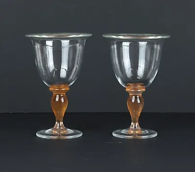 Pair Of Hand-blown Wine Glasses With Coloured Rims & Stems Signed & Dated '96 • £20