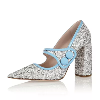 Women Pumps Silver Glitter Pointed Toe Buckle Strap Heels Dress Casual Shoes • $61.99