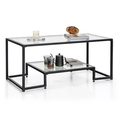 2-Tier Modern Coffee Table Rectangular Living Room Tempered Glass Tabletop Black • $93.97