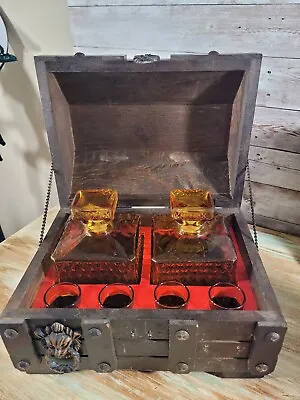 Vintage Barware Wood Treasure Chest Decanter Set Amber Glass • $69.95