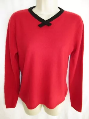 100% Cashmere Red Black V-neck With Bow Detail Sweater May Fit Small S • $16.95