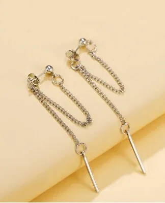 1pair Mens Long Silver Chain Rectangle Stainless Steel Dangle Decor Earrings • £4.19