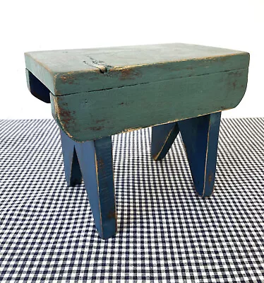 Vintage Foot Stool Pine Wood Small Top Of Stack Blue Green Paint Primitive • $64