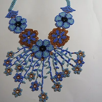 Handmade Seed Bead Rain Of Flower  Necklace  Mexican Style Blue And Gold • $45