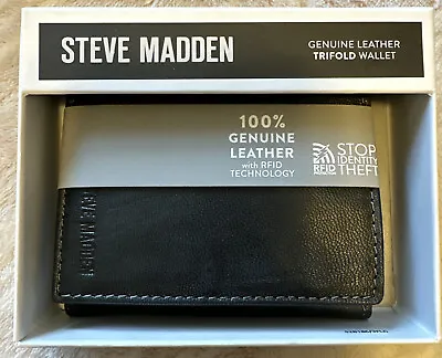 $19.99 • Buy Steve Madden Trifold Wallet Genuine Soft Leather Black RFID Protection BRAND NEW