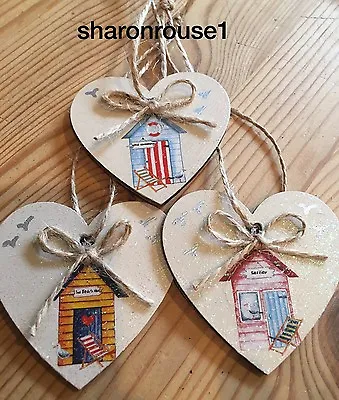 £5.99 • Buy Nautical Beach Hut Hanging Decorations Shabby Chic Wood Hearts Handmade Neutral