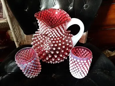 Antique Fenton Cranberry Opalescent Hobnail Pitcher 8  2 Tumbler's! VERY OLD!! • $298