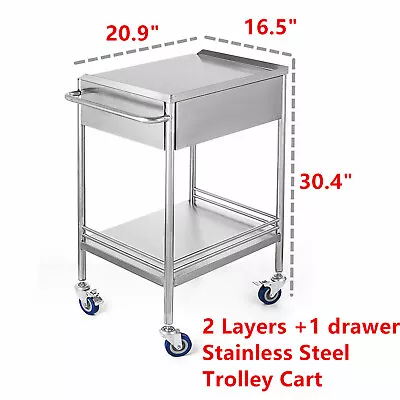 Two Layer Hospital Medical Dental Lab Serving Cart Trolley With Drawer Silver • $153