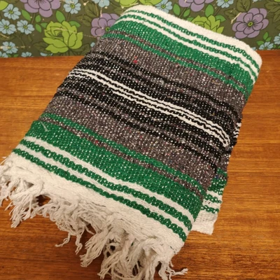 £15.99 • Buy Small Mexican Green Grey Woven Stripy Falsa Yoga Blanket / Throw