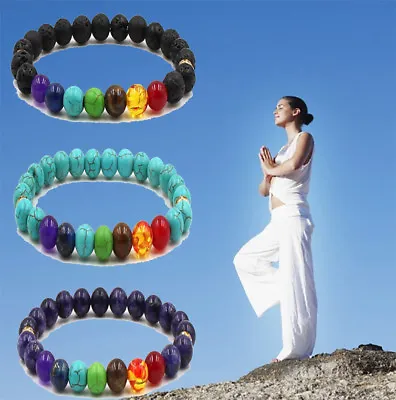 $1.10 • Buy 7 Chakra Bracelet Healing Beaded Bracelet Natural Lava Stone Diffuser Yoga Charm