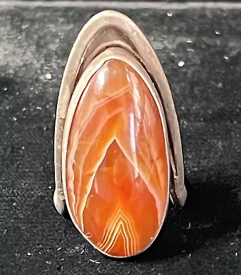 Vintage Sterling  Statement Ring Botswana Agate Modernist Handmade By E' Frey • $99.95