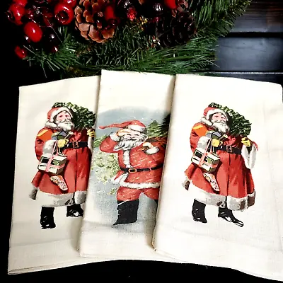 £15.68 • Buy Pottery Barn Nostalgic Santa Dinner Napkins ~ Lot Of 3 Holiday Christmas Linen