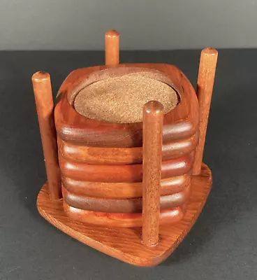 Vintage Wooden Mid Century Modern Teak Wood & Cork 6 Coaster Set With Holder EUC • $25.86