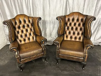 Chesterfield Queen Ann Chairs A Beautiful Matching Pair In Aged Whiskey Brown • £995