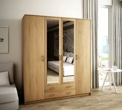 Wiktoria 4 Door 2 Drawer Mirrored Wardrobe - Light Oak • £287.99