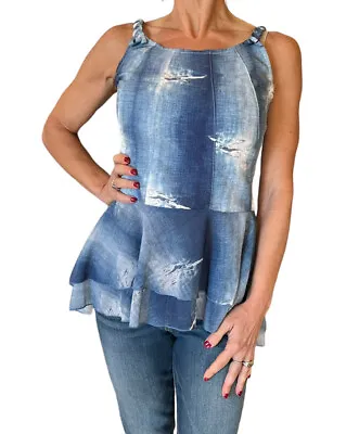 Save The Queen Blue Denim Vintage Print Braided Strap Peplum Tank Top Nwt S • $118.87