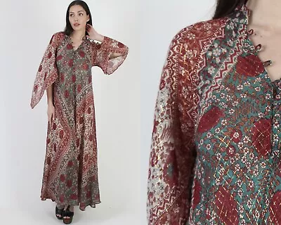 Vtg 70s Adini Sultana India Hippie Dress Gauze Metallic Caftan Angel Sleeve Maxi • $595